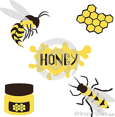 Bee and wasp. Honey, propolis and honeycombs. Food, medicine and cosmetology. Lettering and text Stock Photo