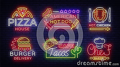 Food neon sign vector collection. Set neon logos, emblems, symbols, Pizza House, American Hot Dog, Hot Chicken, Burger Vector Illustration