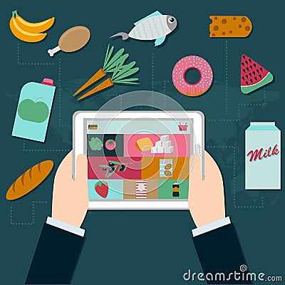 Food online shoping on tablet screen Vector Illustration