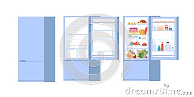 Food open fridge. Closed opened refrigerator, flat full and empty foods storage with doors. Isolated kitchen freezer Vector Illustration