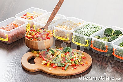 Food packaging ingredients, healthy frozen vegetables. Stock Photo