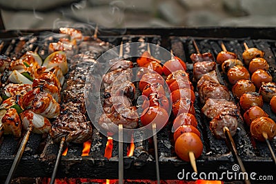 Food party. grill and fun with meet and tomato. summer holiday Stock Photo