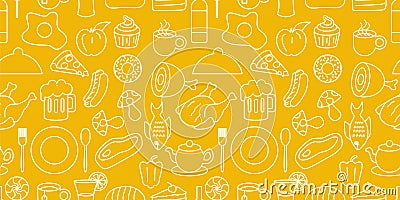 Food pattern with seamless hand drawn plate, fork, spoon, beer, noodle, egg, and meat on yellow background vector illustration Vector Illustration