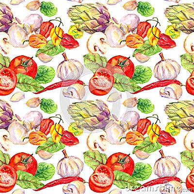 Food pattern with tomatoes, peppers, chilly, garlic. Seamless vegetables pattern. Watercolor Cartoon Illustration