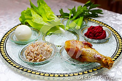 Passover Seder plate Israel, Hebrew: Passover bowl. Passover or Pesach - Jewish holiday in Israel and world Stock Photo