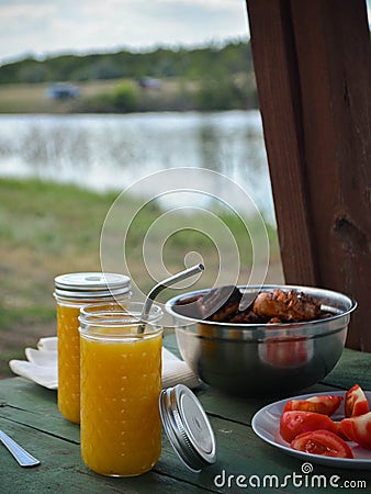 Food photo grilled meat orange juice close up Stock Photo