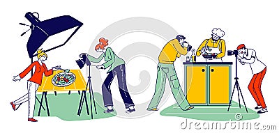 Food Photographers Characters Shooting Dishes in Professional Studio with Lighting Equipment. Chef in White Toque Vector Illustration