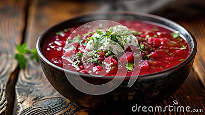 Food photography, classic borscht, vibrant beetroot red, steam rising, served in an elegant black ceramic bowl on a Stock Photo