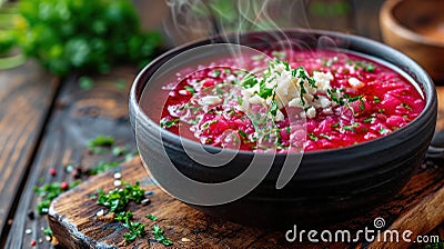 Food photography, classic borscht, vibrant beetroot red, steam rising, served in an elegant black ceramic bowl on a Stock Photo