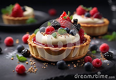 food photography featuring a beautiful berry and cream tartlet prepared molecular gastronomy Stock Photo