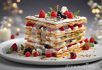 food photography featuring a beautiful mille-feuille cake prepared in molecular gastronomy style Stock Photo