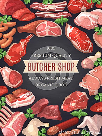 Food pictures set. Illustrations of meat. Poster for butcher shop Vector Illustration