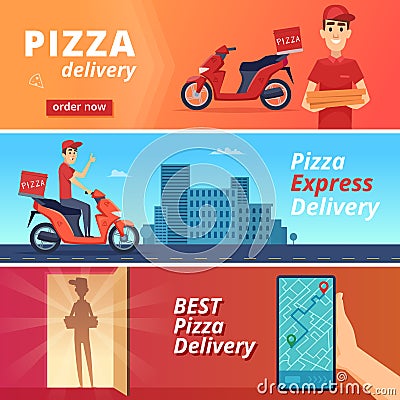 Food pizza delivery. Postal courier deliver man ride on bike vector character in cartoon style Vector Illustration