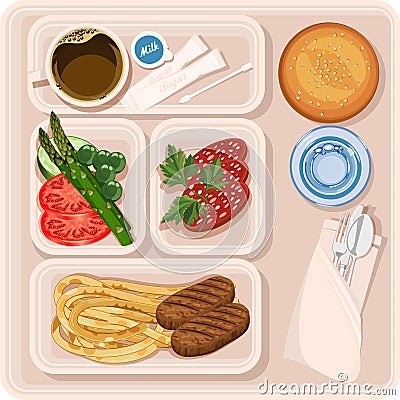 Food for plane passengers. Airplane lunch. Vector illustration Vector Illustration