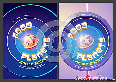 Food planets mobile arcade with pizza in space Vector Illustration