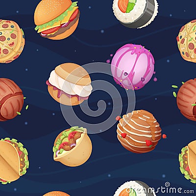 Food planets pattern. Fantastic space world with sweets fast food burger pizza sushi glossy stars sky vector seamless Vector Illustration