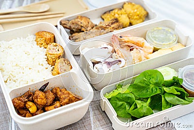 Food in plastic lunch box Stock Photo