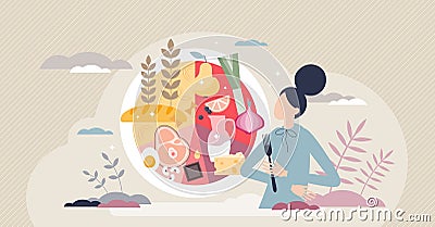 Food plate with balanced meal ingredients proportion tiny person concept Vector Illustration