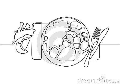 Food on the plate continuous one line drawing. Vector meal for eating minimalism illustration hand drawn sketch doodle lineart Vector Illustration