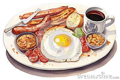 Food plate traditional breakfast english egg bacon toast meal sausage background white fried Stock Photo