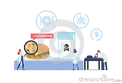 Food Poisoning, Contaminated Products Concept. Tiny Doctors Characters with Huge Magnifier and Microscope in Laboratory Vector Illustration