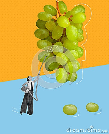 Food pop art photography. Contemporary art collage. Creative design of young woman picking grapes with vacuum cleaner. Stock Photo
