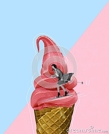 Food pop art photography. Contemporary art collage. Young woman skiing on delicious berry icecream. Surrealism. Winter Stock Photo