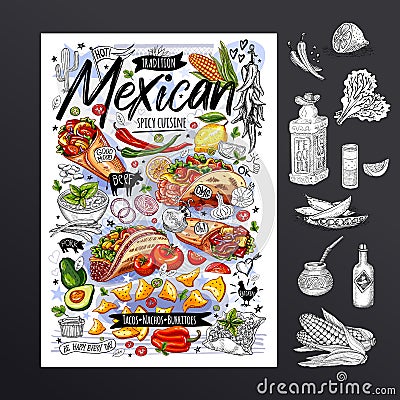 Food poster, ad, fast food, menu, Mexican cuisine, nachos, burritos, tacos, snack. Avocado, cheese, bean, corn, chicken Vector Illustration