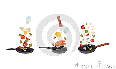 Food Preparation with Floating Salmon Steak and Vegetables Cooking on Frying Pan Vector Set Vector Illustration