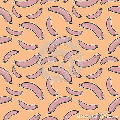 Food print, Pink delicious juicy sausages on beige background, seamless pattern Stock Photo