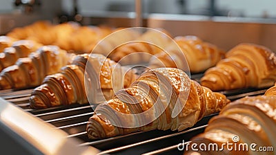 food processing automation, a robotic pastry shaper creating consistent croissants in a bakery, showcasing precise Stock Photo