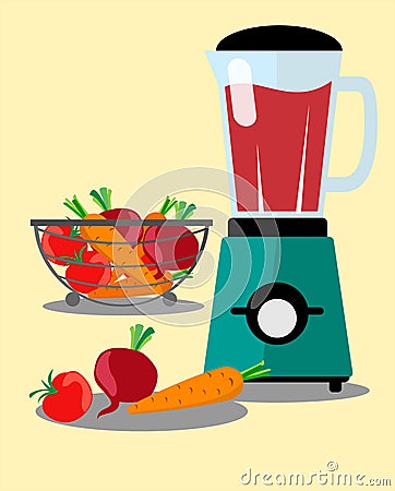 Food processor, mixer, blender and vegetables.Carrots, beets, tomatoes. Vector in the style of flat. Vector Illustration