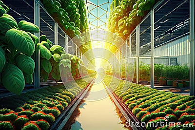 food production facility, with rows of crops growing in indoor greenhouse Stock Photo