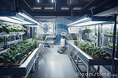 food production in futuristic society, with high-tech farming equipment and robotics Stock Photo