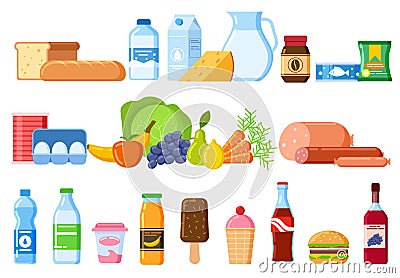 Food products. Bread and water bottles, juice and cheese. Eggs, fruit and sausages ice cream. Product and drinks flat Vector Illustration