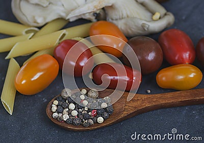 Food products - mushrooms plate with tomatoes Stock Photo