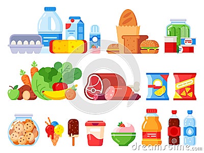 Food products. Packed cooking product, supermarket goods and canned food. Cookie jar, whipped cream and eggs pack flat Vector Illustration