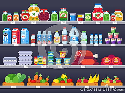 Food products on shop shelf. Supermarket shopping shelves, food store showcase and choice packed meal products sale Vector Illustration