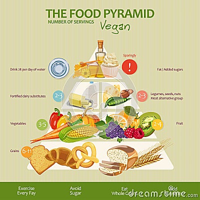 Food pyramid healthy vegan eating infographic. Recommendations of a healthy lifestyle. Icons of products. Vector illustration Vector Illustration