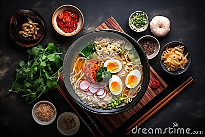 food ramen vegetable japanese meal asian bowl soup chopstick noodle. Generative AI. Stock Photo