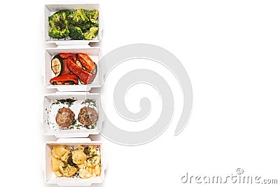 Daily food ration in containers. Delivery from restaurant, set of healthy food and balanced diet Stock Photo