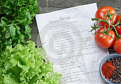 Food recipe paper on wooden table Stock Photo