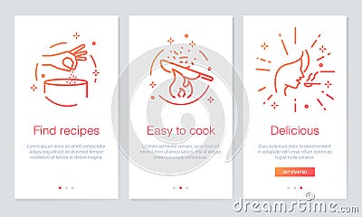 Food and Recipes concept onboarding app screens. Modern and simplified vector illustration walkthrough screens template for mobile Vector Illustration