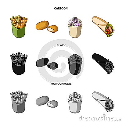 Food, refreshments, snacks and other web icon in cartoon,black,monochrome style.Packaging, paper, potatoes icons in set Vector Illustration