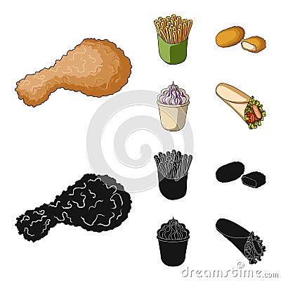 Food, refreshments, snacks and other web icon in cartoon,black style.Packaging, paper, potatoes icons in set collection. Vector Illustration