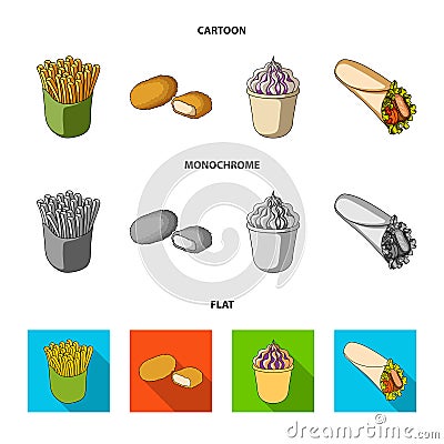 Food, refreshments, snacks and other web icon in cartoon,flat,monochrome style.Packaging, paper, potatoes icons in set Vector Illustration