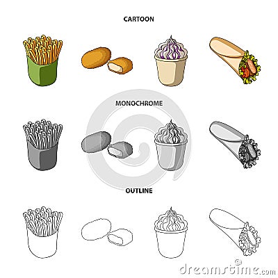 Food, refreshments, snacks and other web icon in cartoon,outline,monochrome style.Packaging, paper, potatoes icons in Vector Illustration