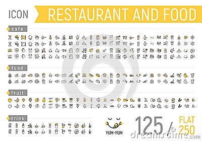 Food and restaurant icon set. Flat and linear Vector Illustration