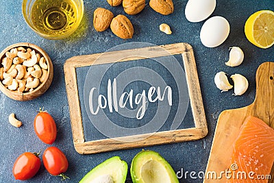 Food rich in collagen concept. Healthy eating and dieting with salmon fish, avocado, eggs and nuts Stock Photo