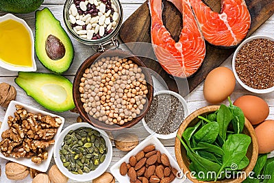 Food rich in omega 3 fatty acid and healthy fats. Healthy diet eating concept Stock Photo